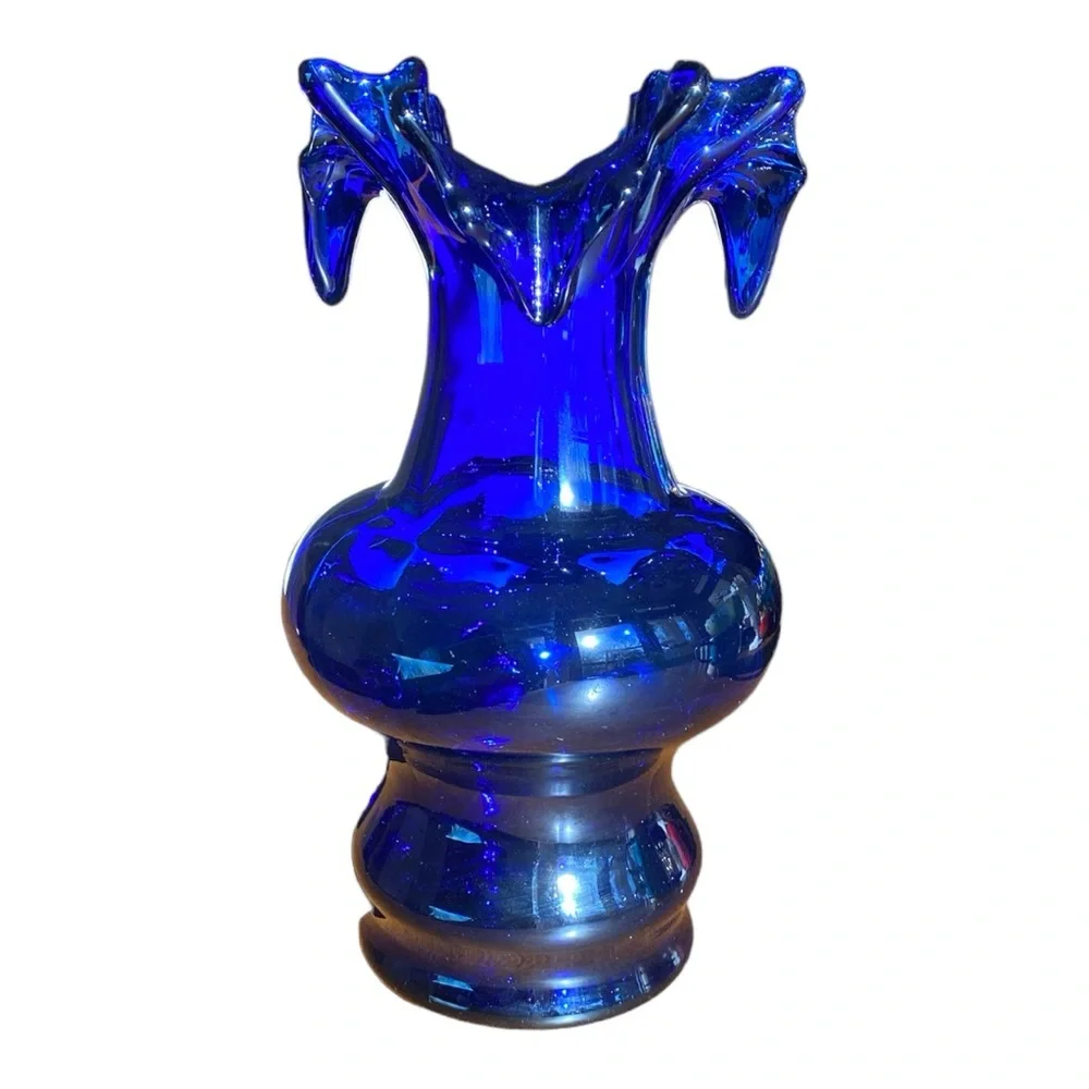 Vintage Mid Century Cobalt Blue Ruffled Glass Vase